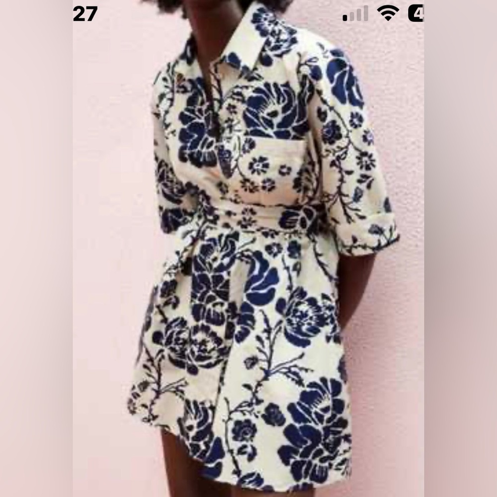 Cream and Navy Floral Shirt Dress - Women's Belted Collared Dress